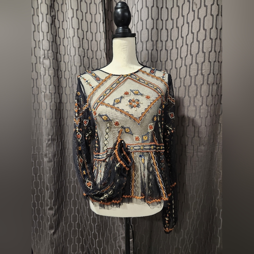 Free People Sheer Embroidered Black and Orange Women's Top
